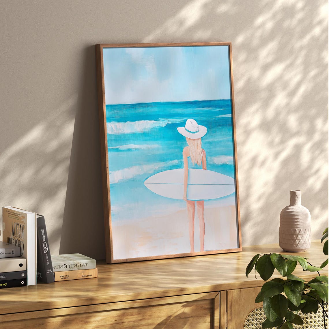 Blonde Surfer Girl With Hat And Board At Turquoise Beach Poster - Image 5