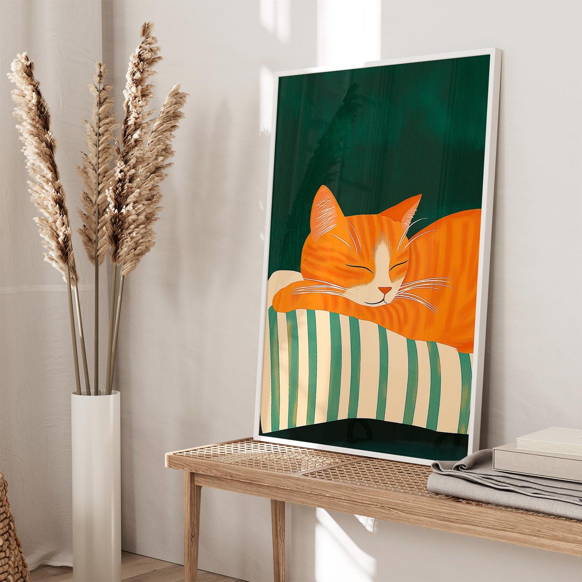 Orange Tabby Cat Sleeping on Striped Cushion Cozy Green Poster - Image 3