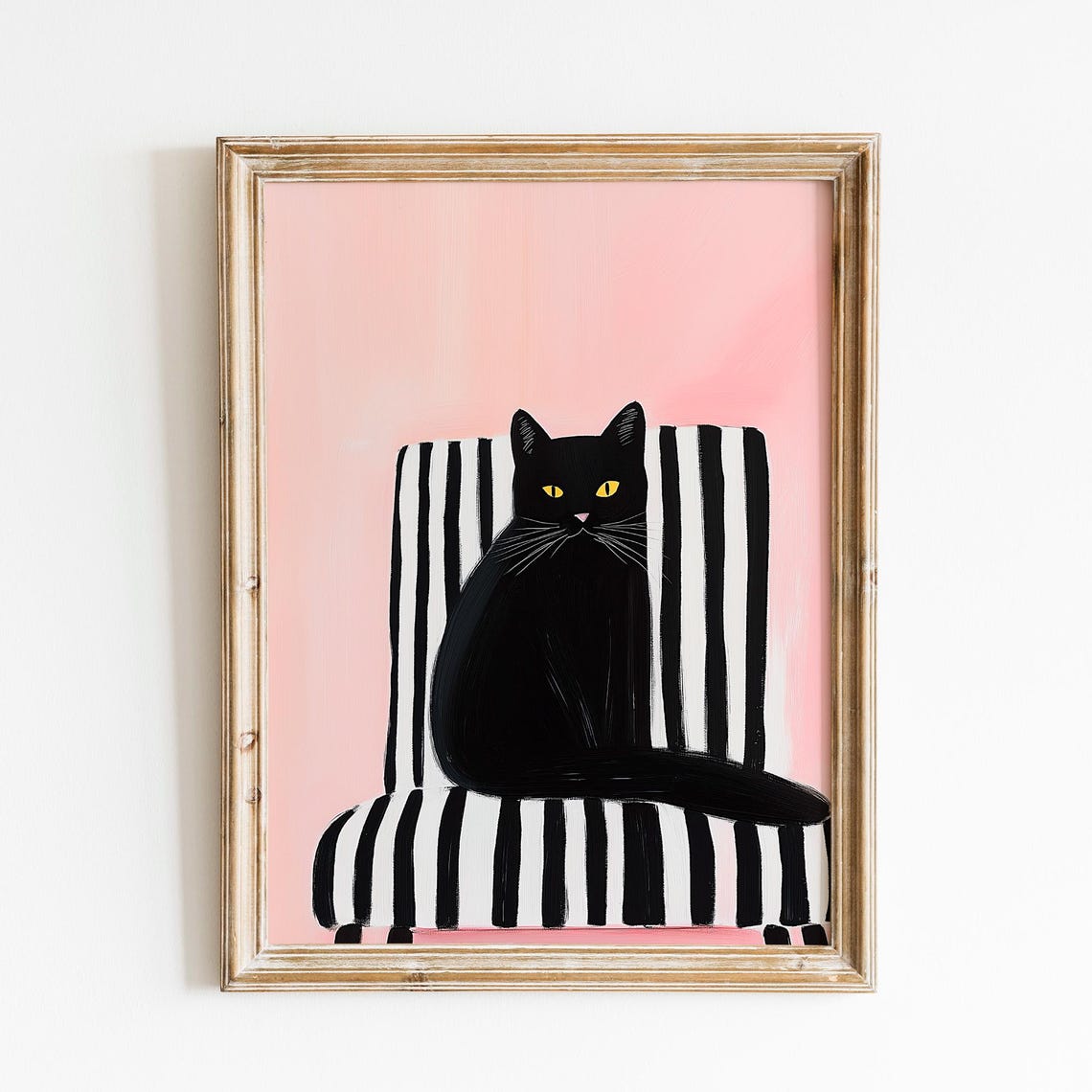 Black Cat Sitting on a Striped Chair Pink Modern Cat Lover Poster - Image 2