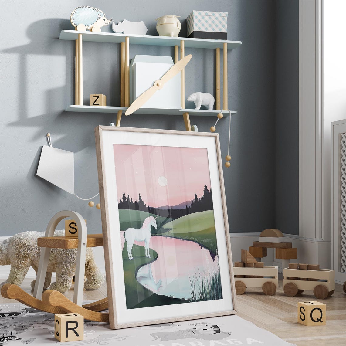 Unicorn by the Lake at Sunset Pink Sky Reflection Fantasy Poster - Image 5