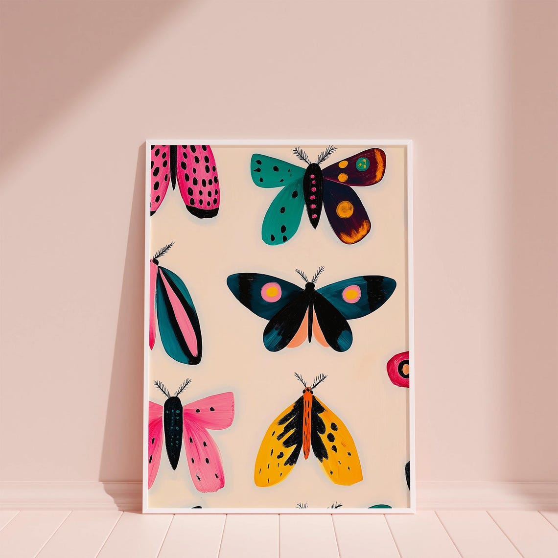 Colorful Folk Art Moths Pattern Playful Retro Insects Poster - Image 6