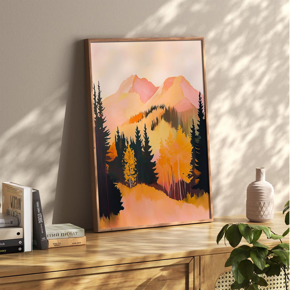 Pink Mountain Peaks Rising Over Golden Autumn Pines Landscape Poster - Image 6