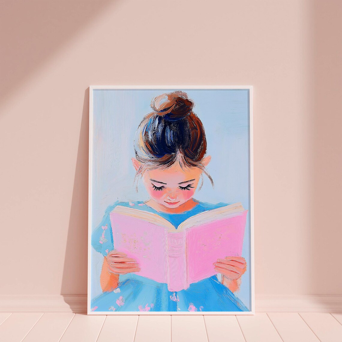Girl in Floral Blue Dress Reading a Pink Book Nursery Decor Poster - Image 6
