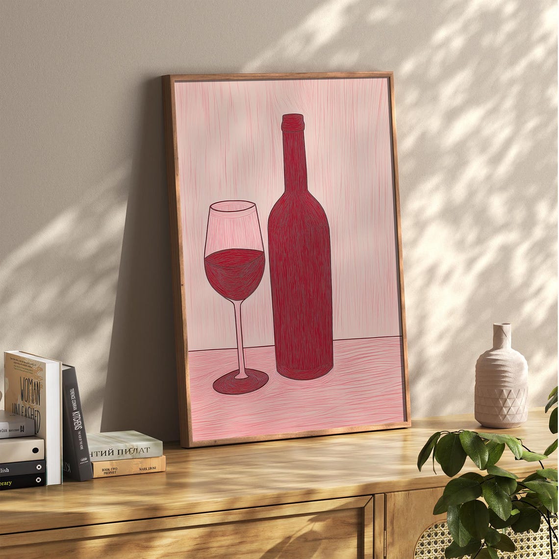Red Wine Bottle and Wine Glass on Blush Pink Kitchen Decor Poster - Image 2