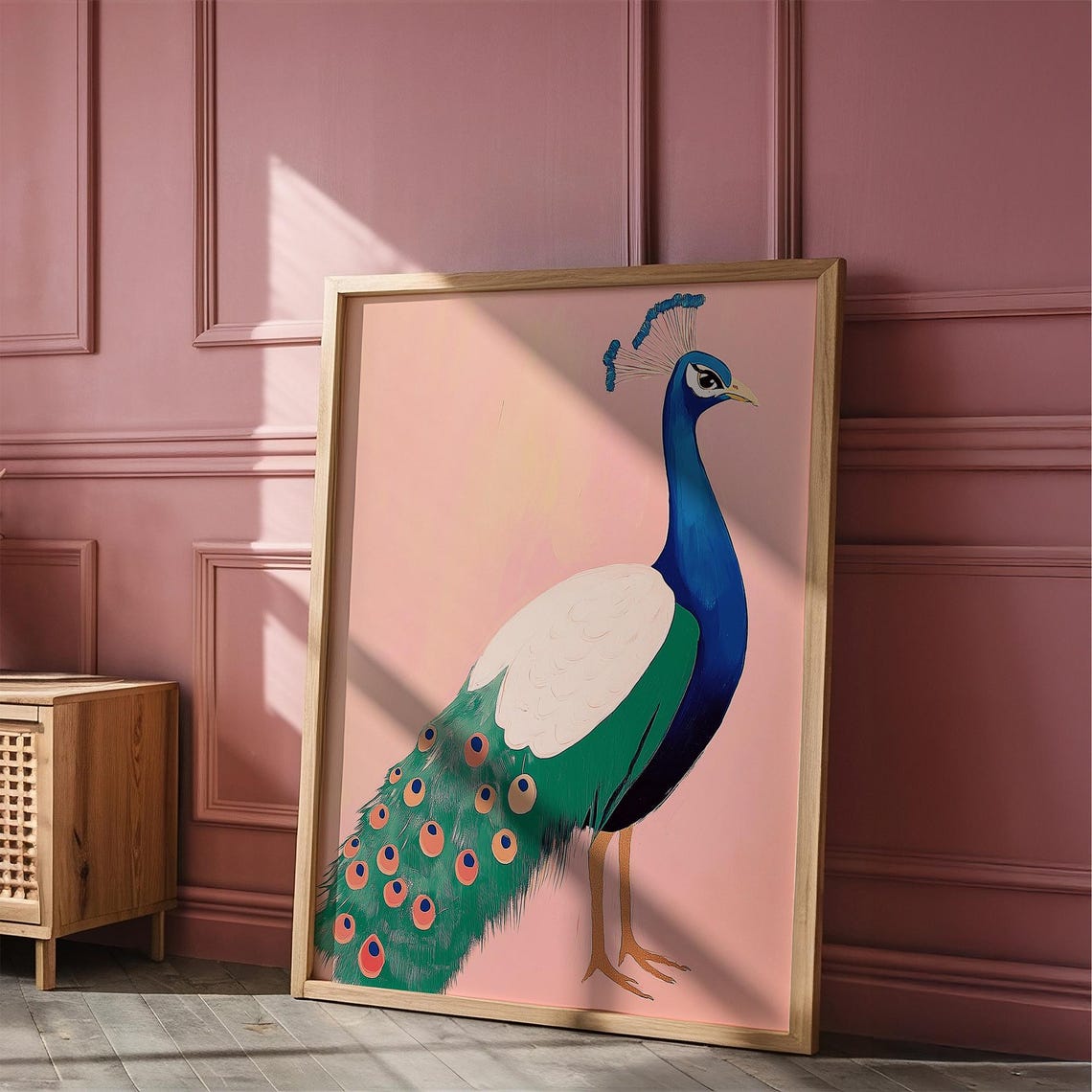 Vivid Blue and Green Peacock on Pink Background Bird Art Poster - Image 4