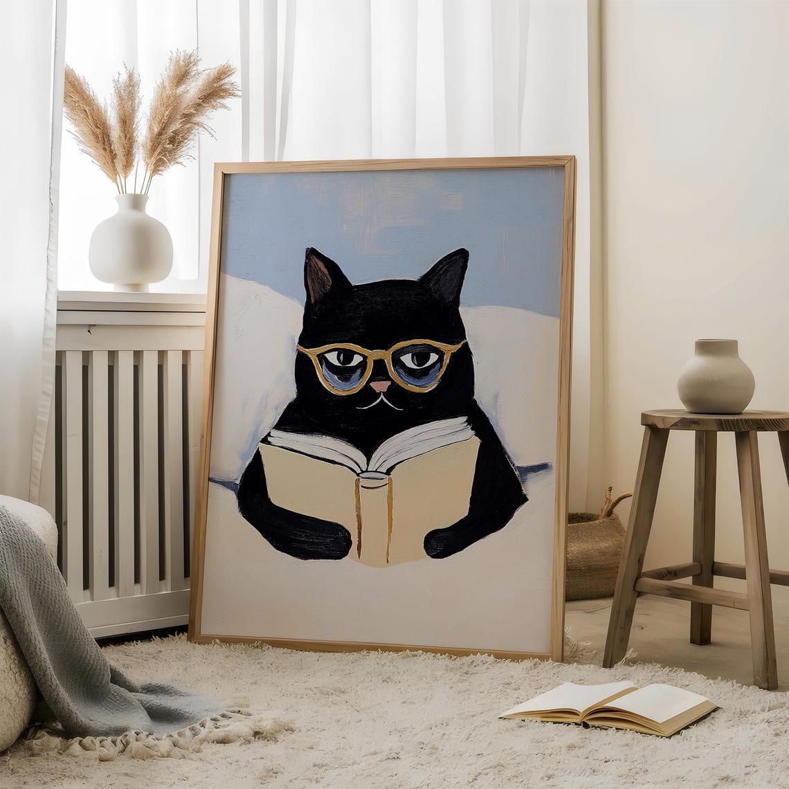 Black Cat with Glasses Reading a Book Cozy Bedtime Story Poster - Image 6