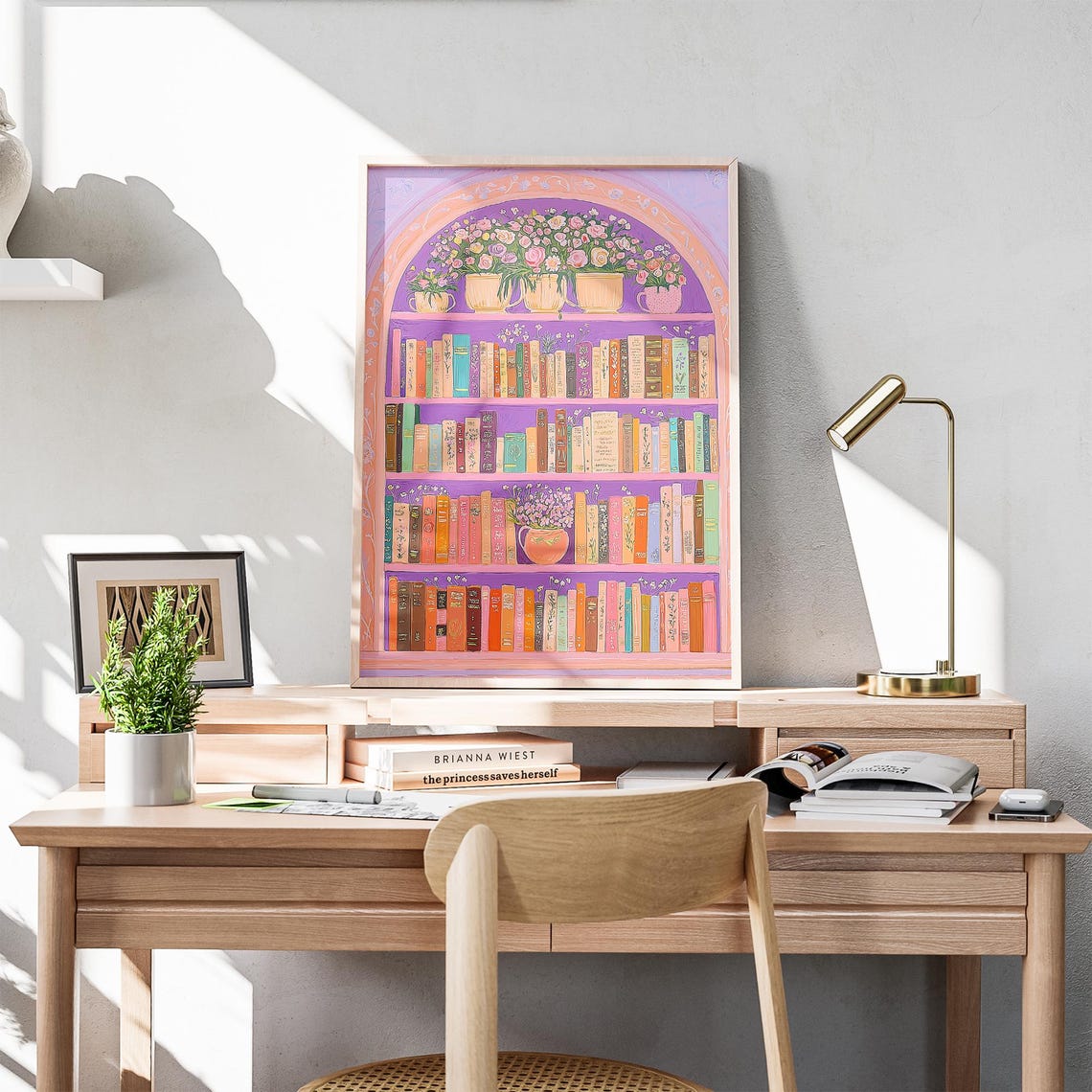 Pink Library Bookshelf Arch Floral Roses Reading Nook Wall Art - Image 5