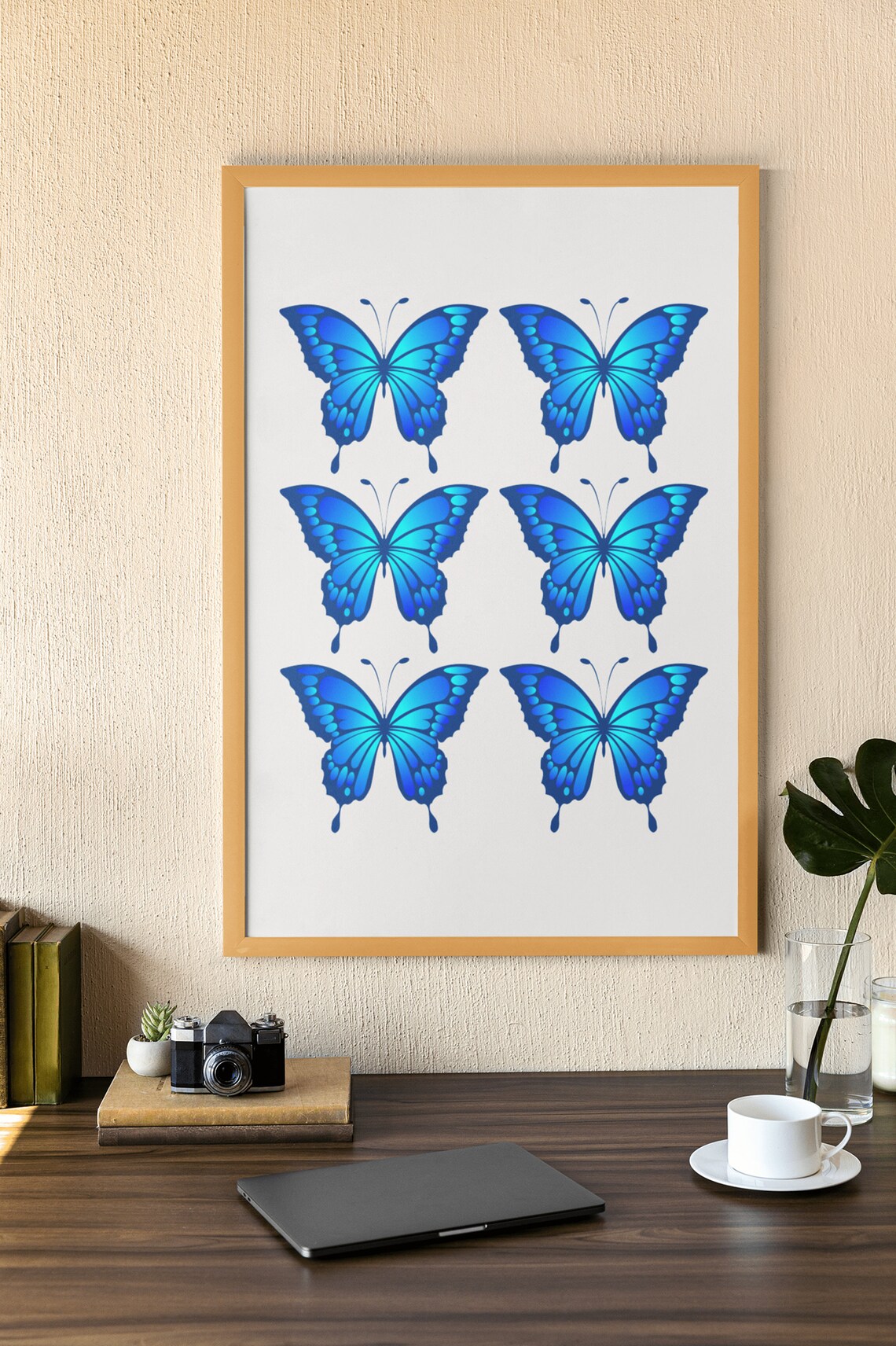 Blue Butterfly Grid Watercolor Six Insects Preppy Wall Poster - Image 2