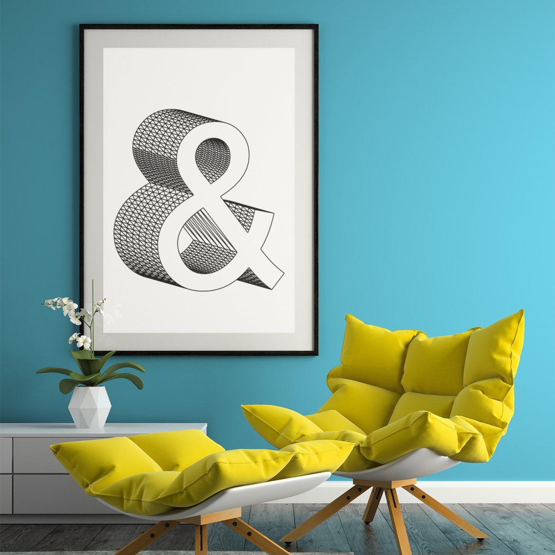 Ampersand Typography 3D Wireframe Modern Minimalist Black White Poster