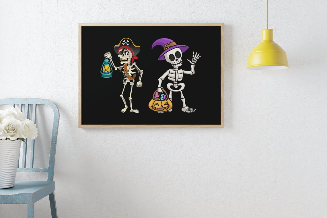 Halloween Skeleton Duo Pirate Witch Cartoon Spooky Poster Art - Image 2
