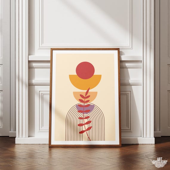 Boho Plant Print Neutral Abstract Geometric Art