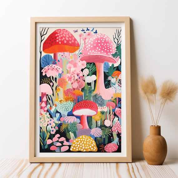 Pink Mushrooms Wonderland Poster, Whimsical Boho Nursery