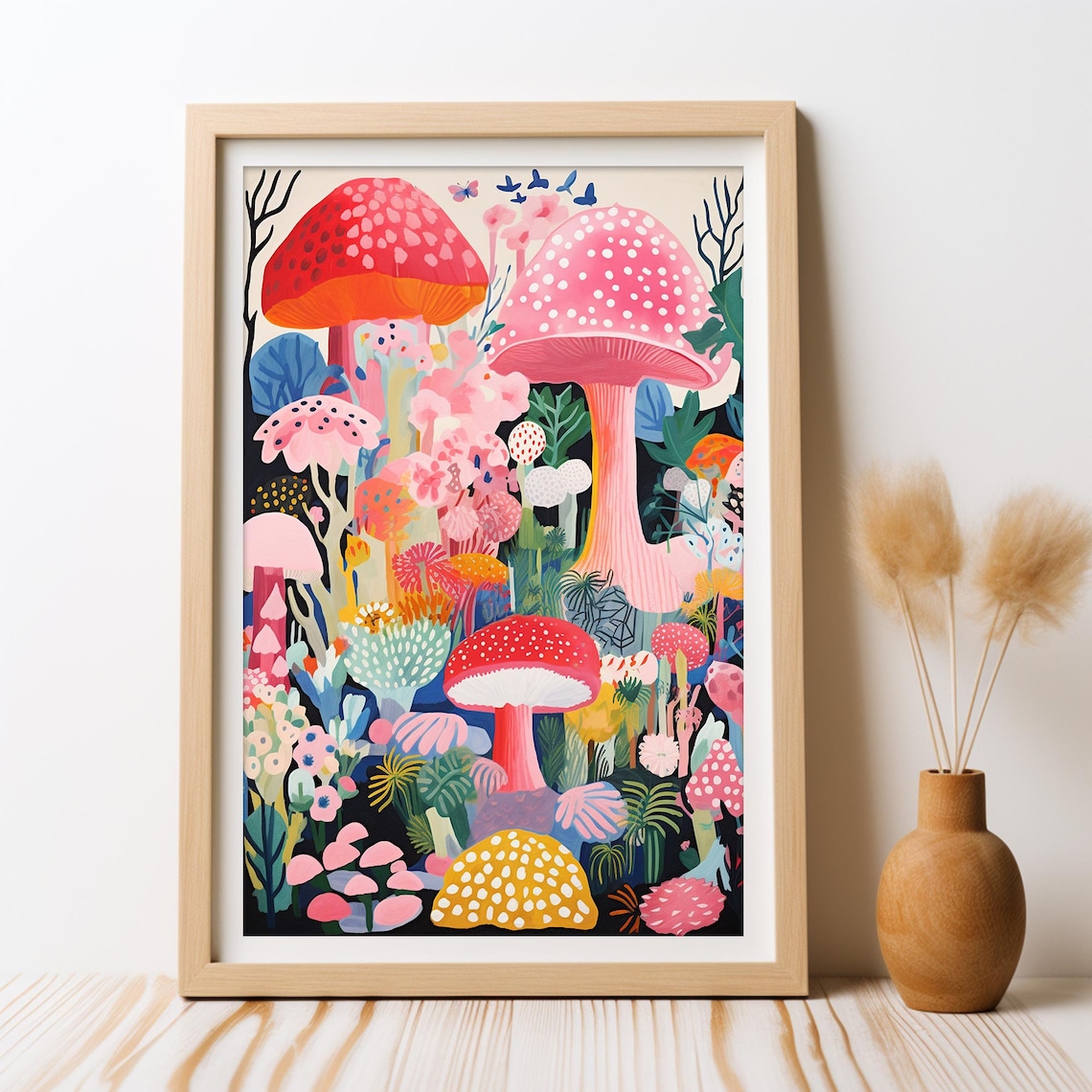 Pink Mushrooms Wonderland Poster, Whimsical Boho Nursery