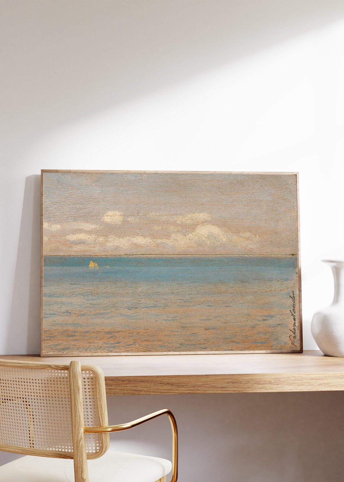 Minimal Neutral Seascape Tiny Sailboats Vintage Coastal Painting Poster - Image 6