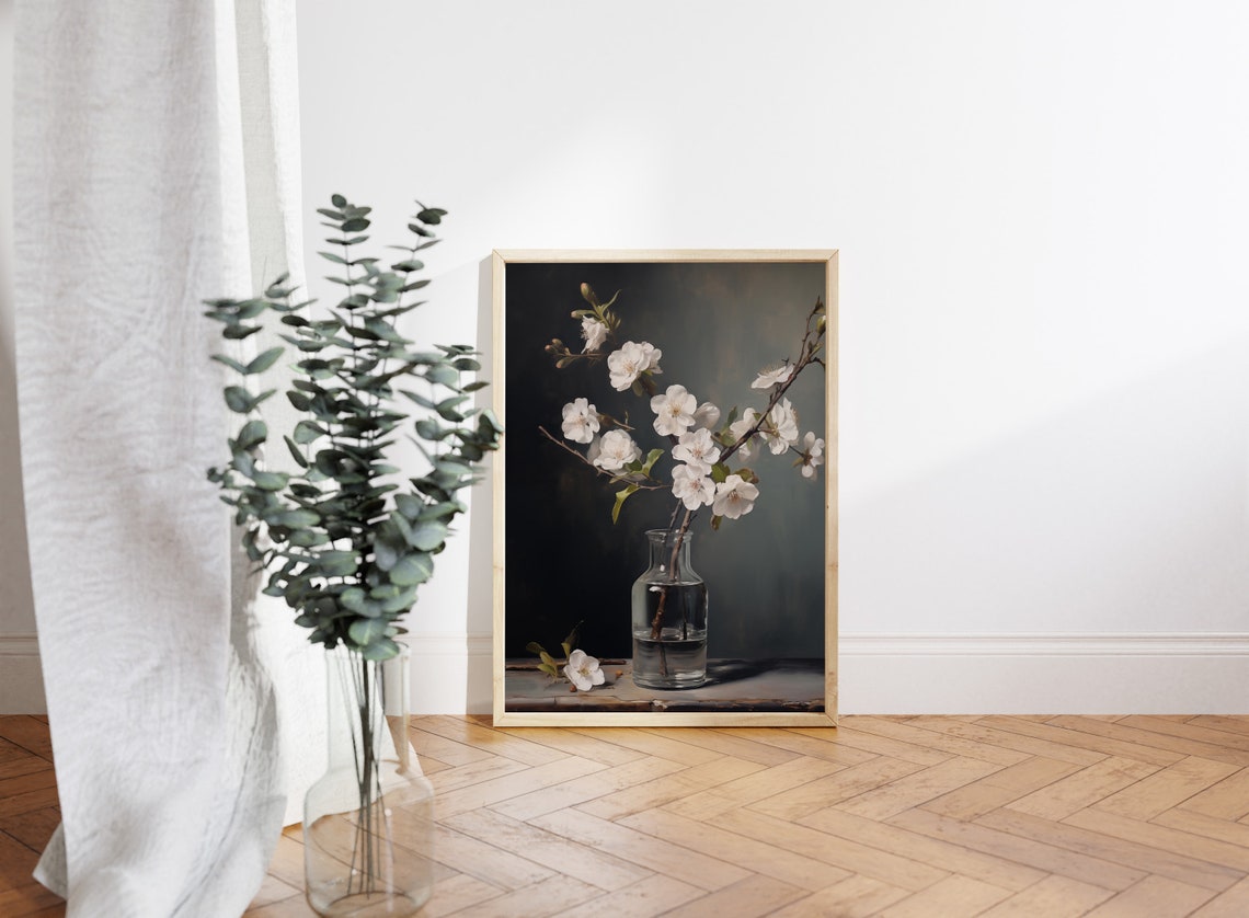 White Cherry Blossom Branch in Glass Vase Moody Still Life Poster - Image 4