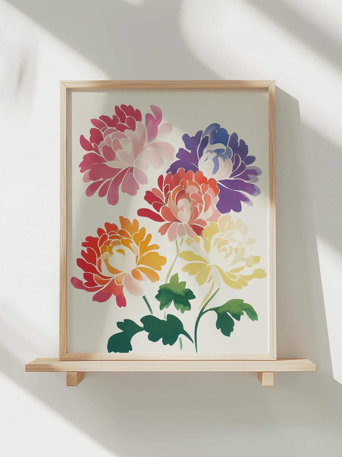 Five Colorful Chrysanthemum Blooms Floral Illustration Poster