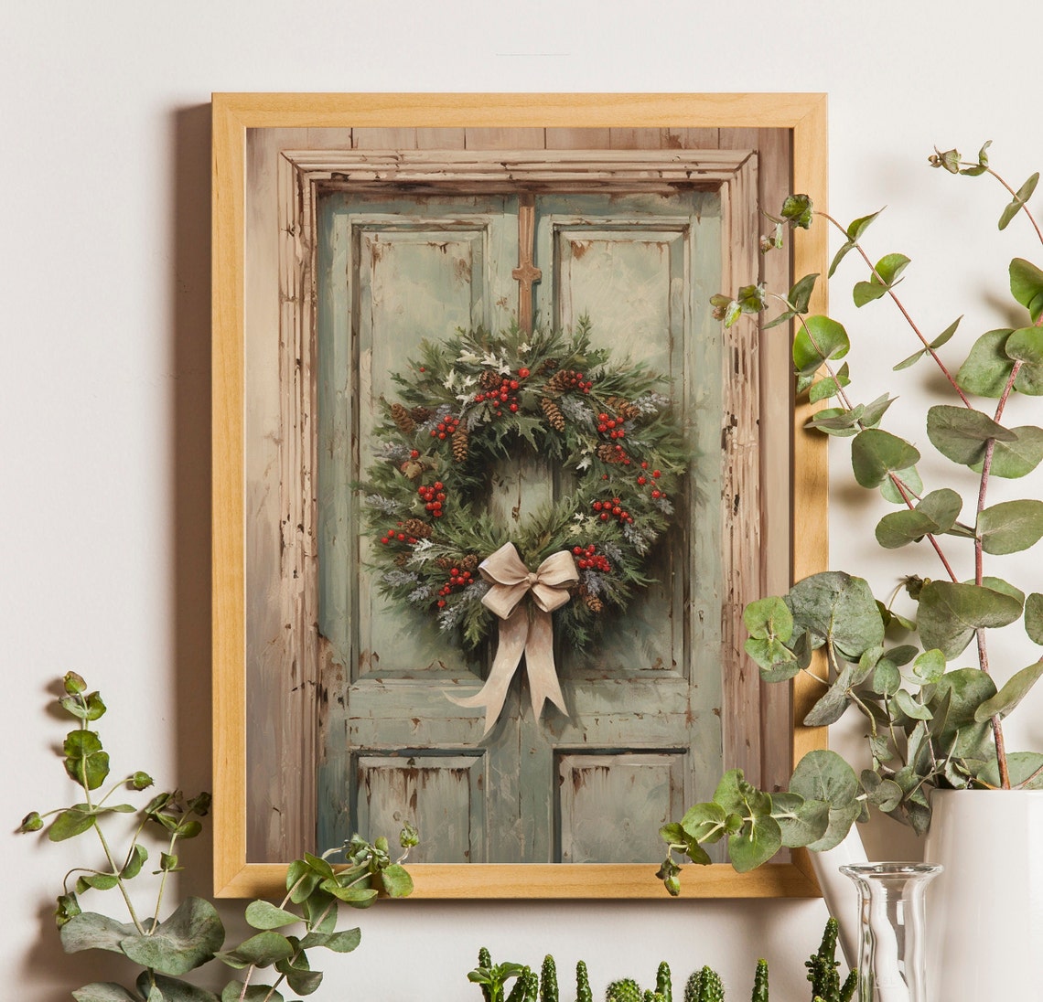 Christmas Wreath with Red Berries on Rustic Sage Green Door Poster