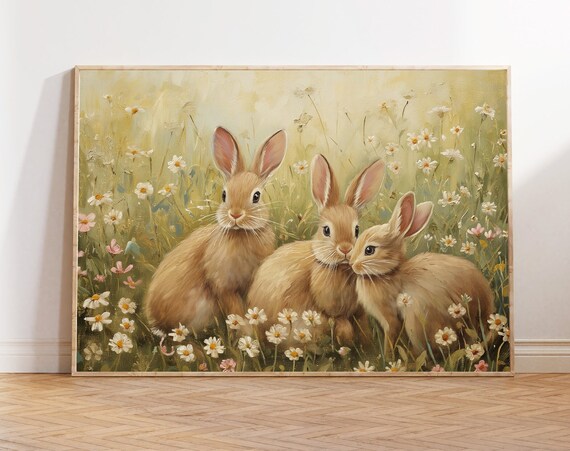 Three Tan Rabbits in a Sunny Daisy Meadow Spring Easter Wall Art
