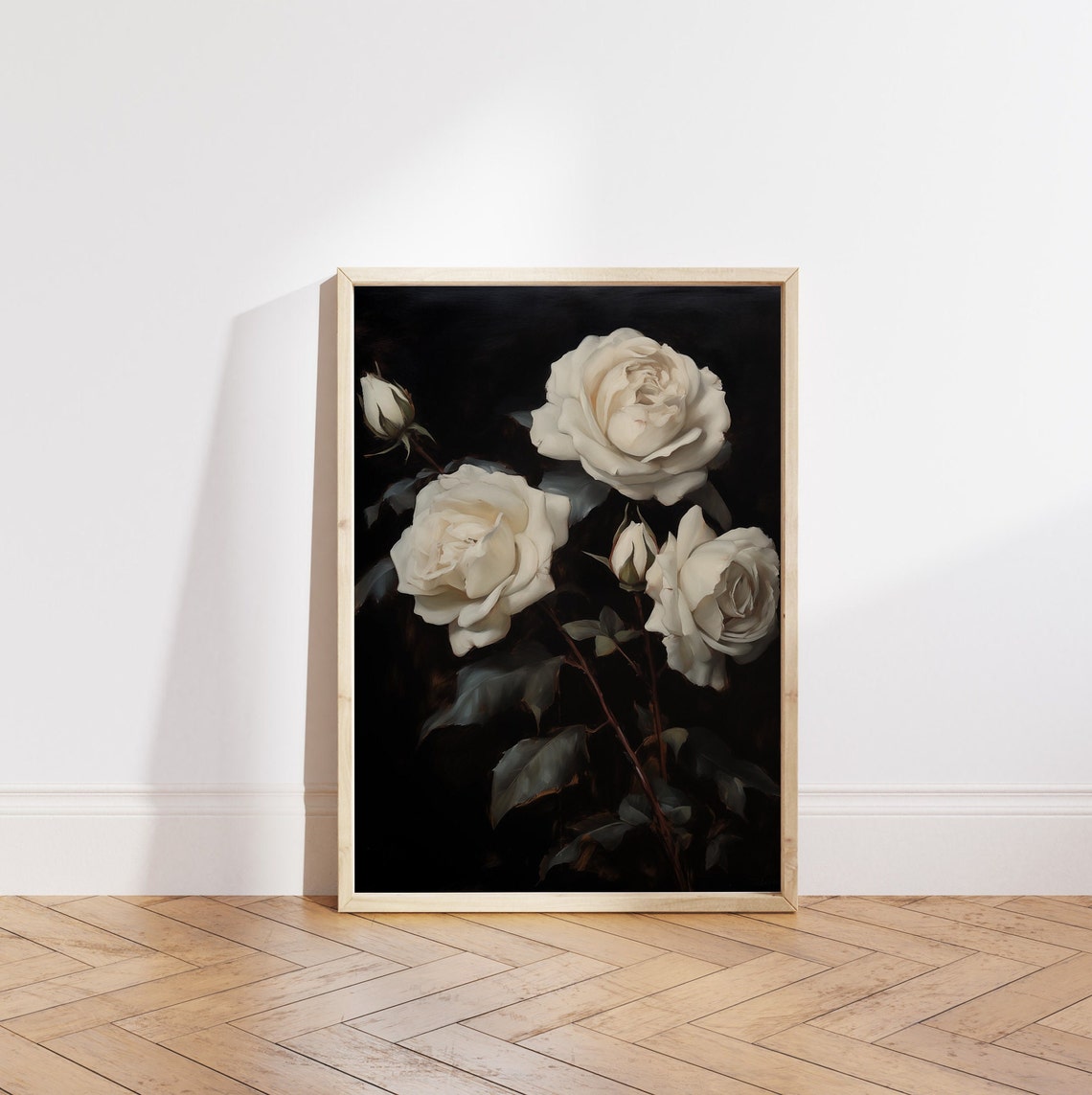 White Roses on Black Background Classic Painterly Floral Poster - Image 5