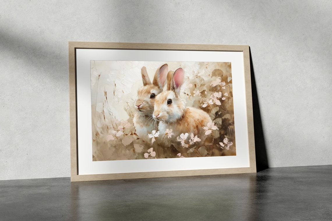 Two Tan Rabbits in White Wildflowers in a Spring Meadow Wall Art - Image 3