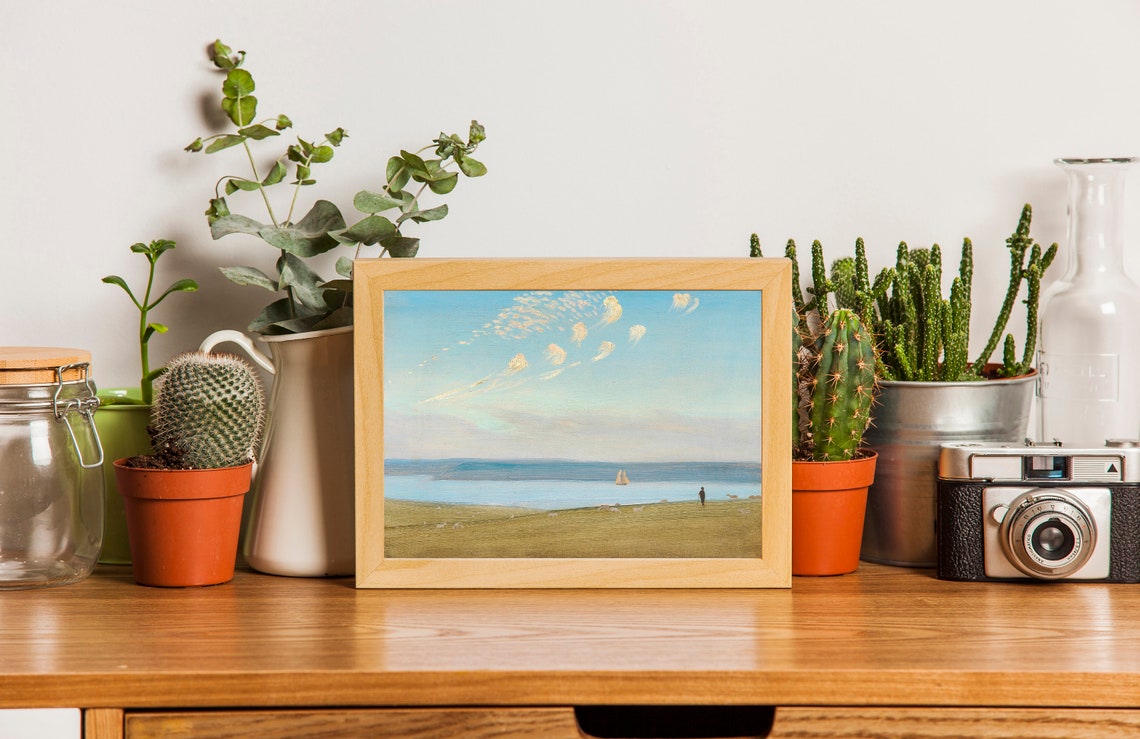 Sheep Pasture Sloping To Blue Lake Sailboat Pastoral Painting Poster - Image 2
