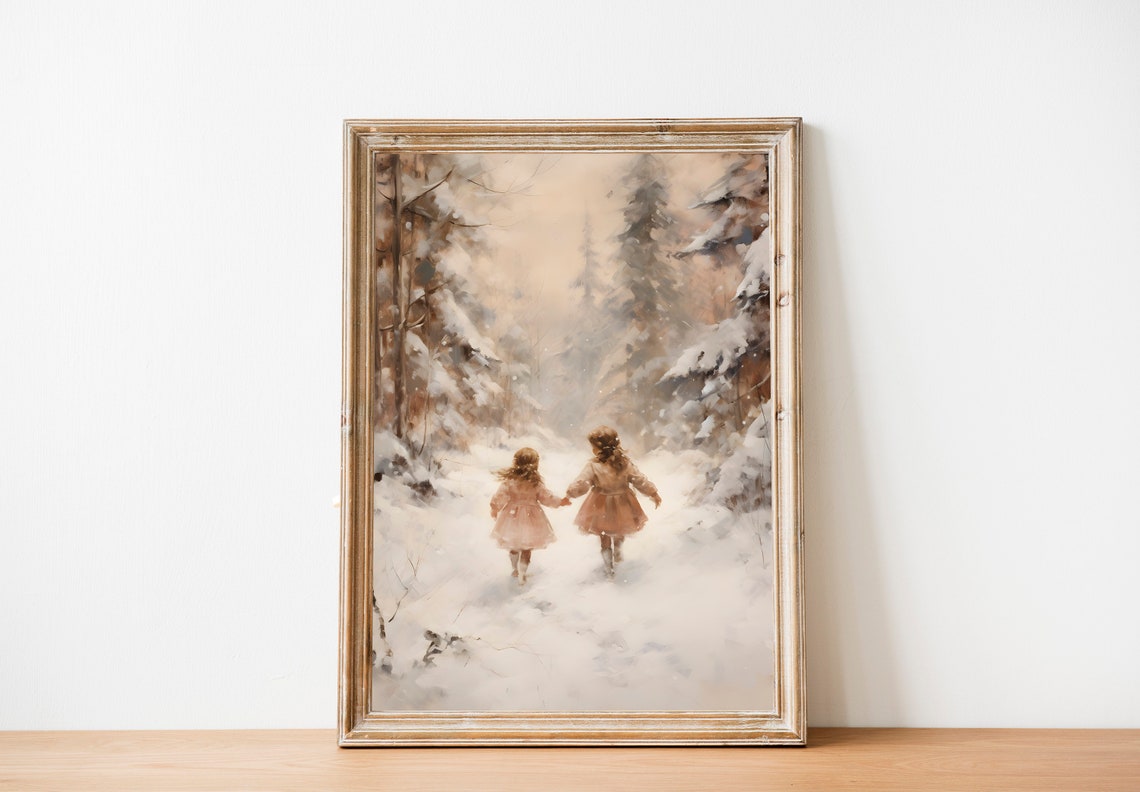 Little Girls On The Snow Winter Wall Art Winter Girls Room Wall Art Magical Winter Painting Snow Forest Art Print Christmas Kids Decor - Image 2