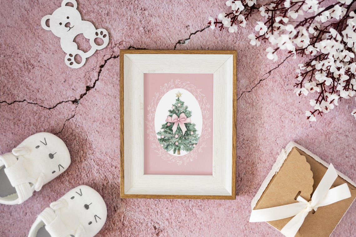 Pink Christmas Tree with Big Bow and Gold Star in Oval Frame Poster - Image 2