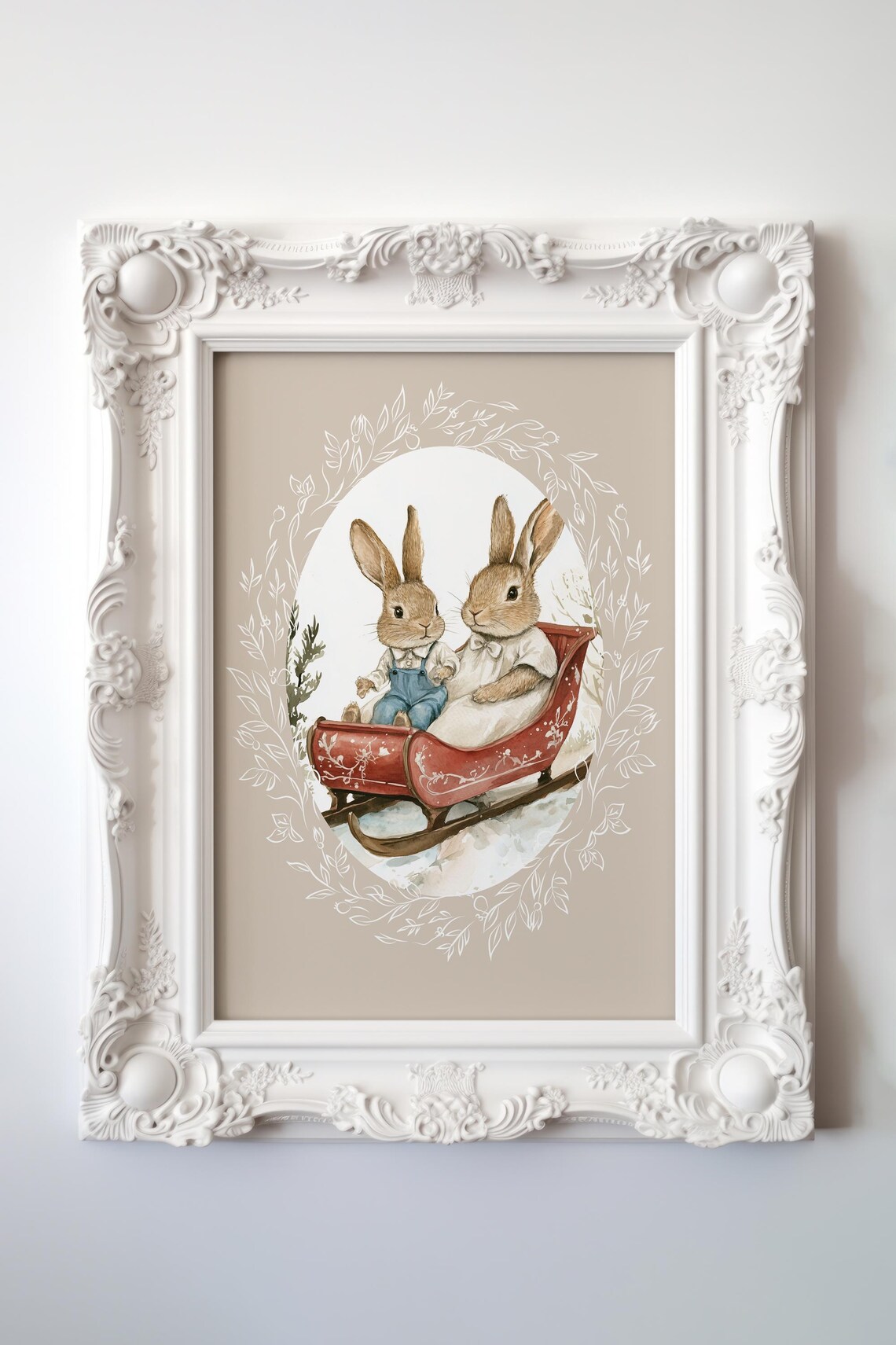 Two Cute Bunnies Riding a Red Sleigh in Snowy Winter Scene Poster