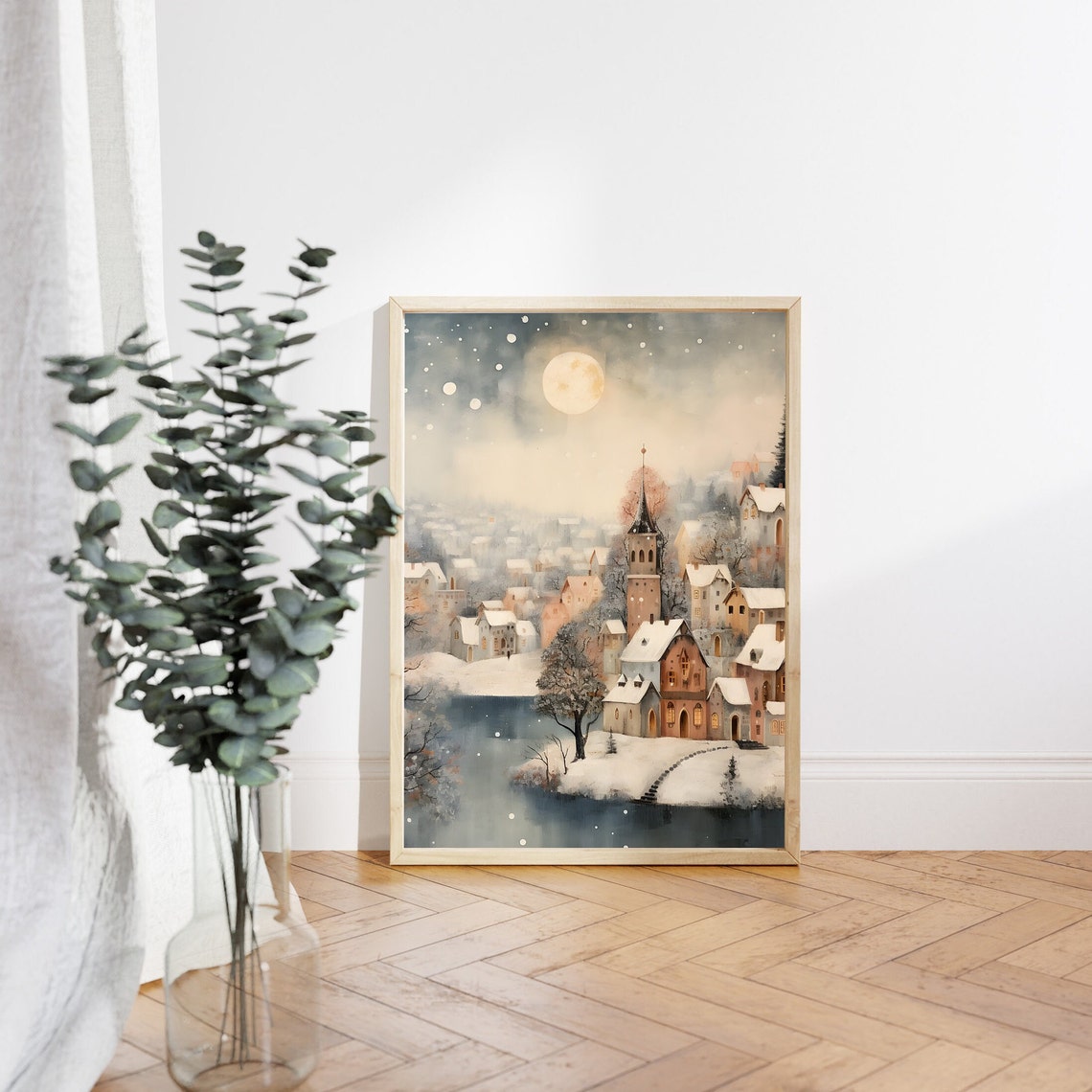 Snowy Christmas Wall Art Town Christmas Village Art Print Cozy Winter Night Landscape Painting Holiday Decor Vintage Moody Nursery Wall Art - Image 3