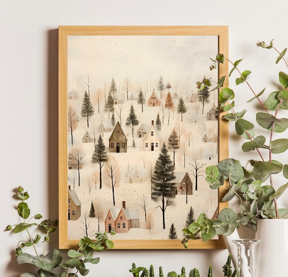 Village Christmas Poster, Snowy Winter House Print