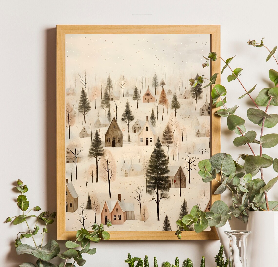 Village Christmas Poster, Snowy Winter House Print