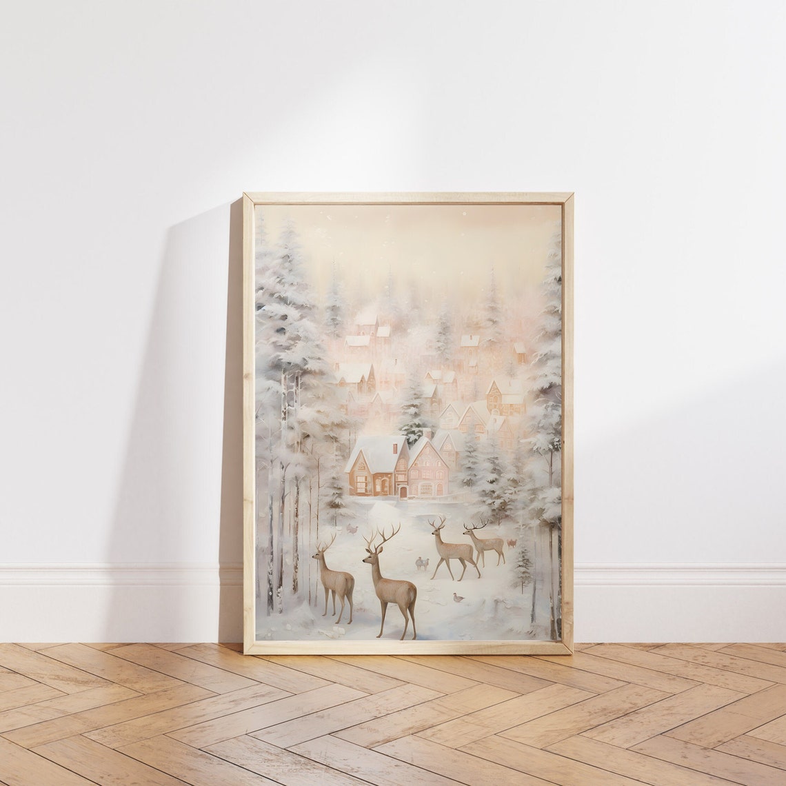 Snowy Village With Deer Rustic Christmas Winter Scene Poster - Image 4