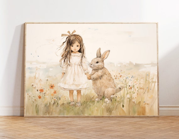 Girl And Cute Bunny Painting Spring Bunny Print Little Girl Painting Easter Girls Room Wall Art Bunny Nursery Wall Decor