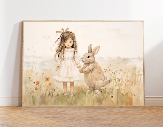Little Girl with Bunny in a Wildflower Meadow Nursery Wall Art