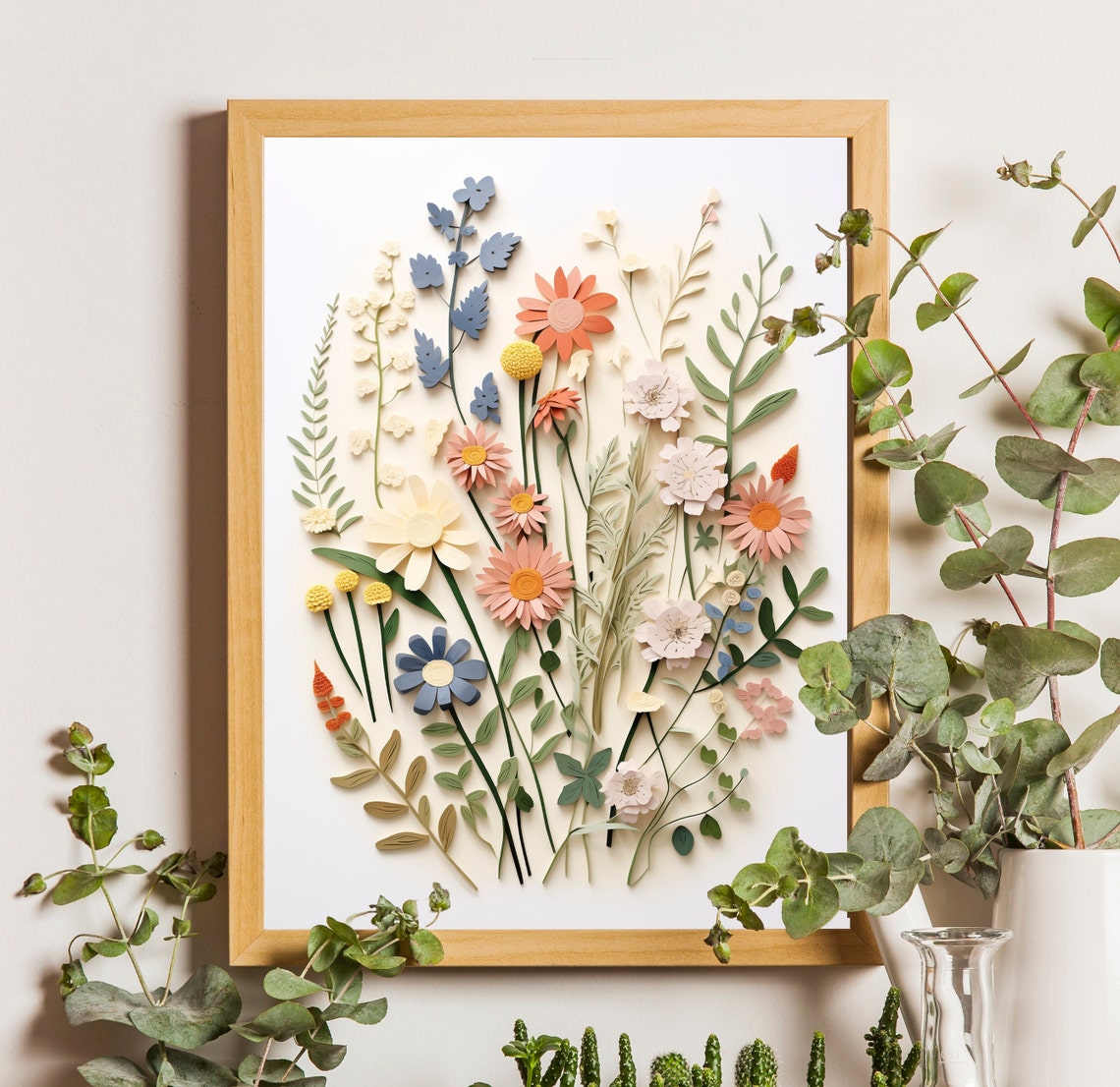 Colorful Pressed Wildflower Daisies Botanical Flat Lay Art Poster