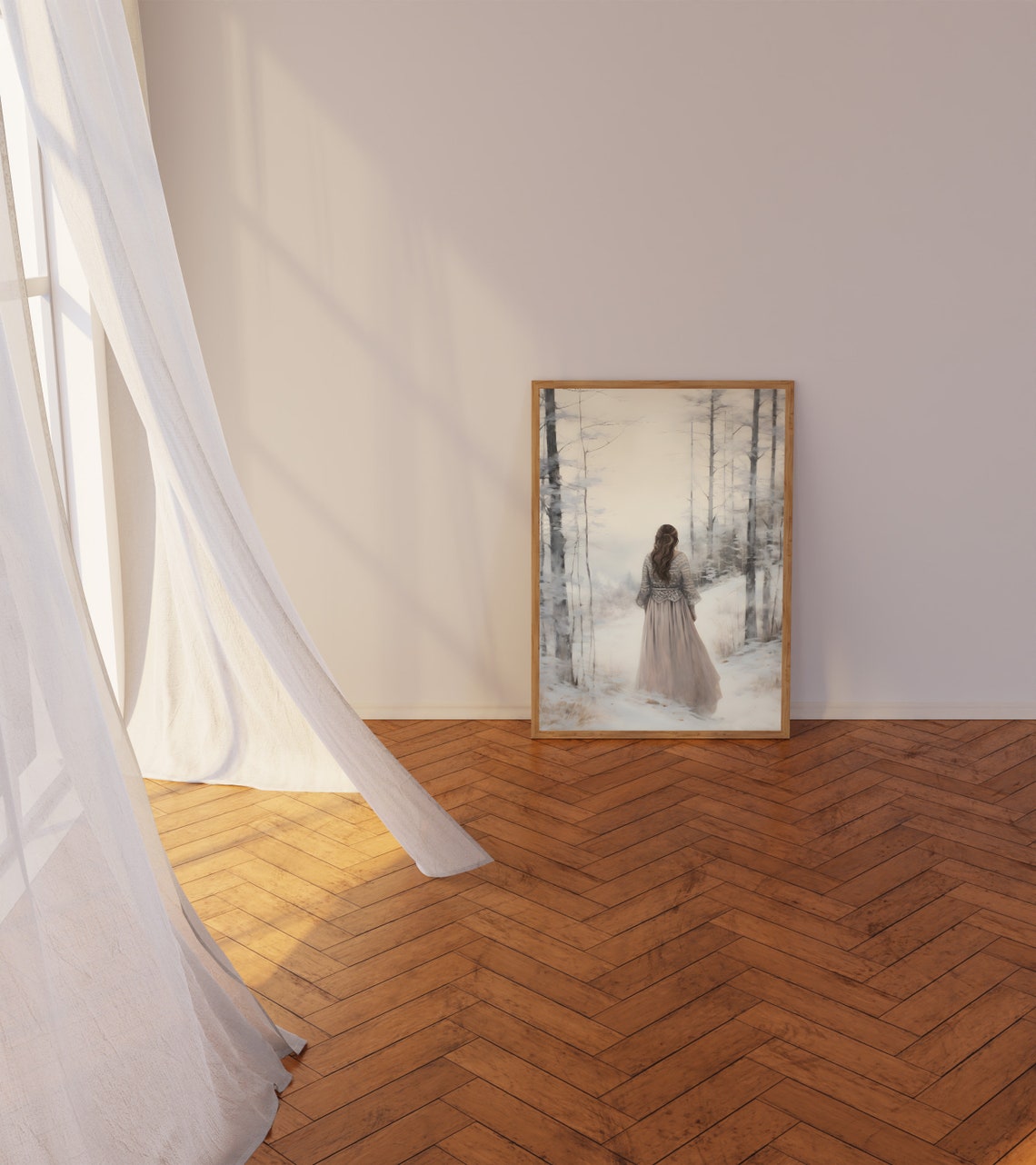Woman Walking Through The Misty Snowy Winter Forest Art Poster - Image 4