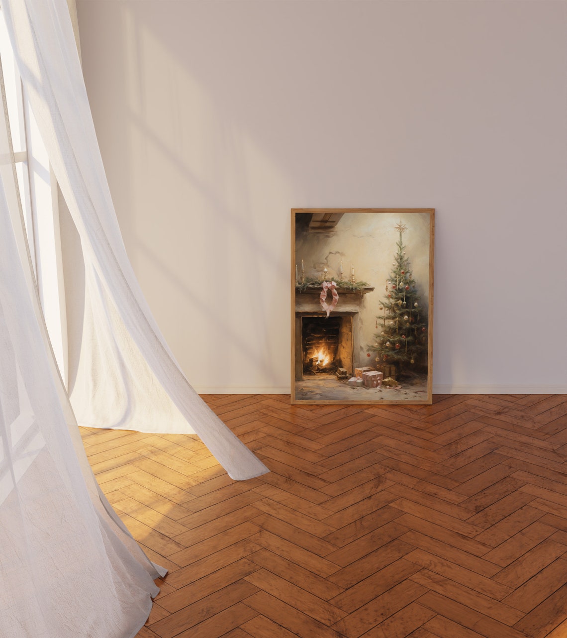 Rustic Fireplace with Lit Fire Candles and Pink Ribbon Bow Poster - Image 3