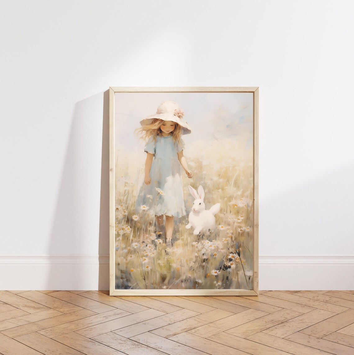 Girl in Blue Dress with White Bunny in a Daisy Meadow Wall Art - Image 5