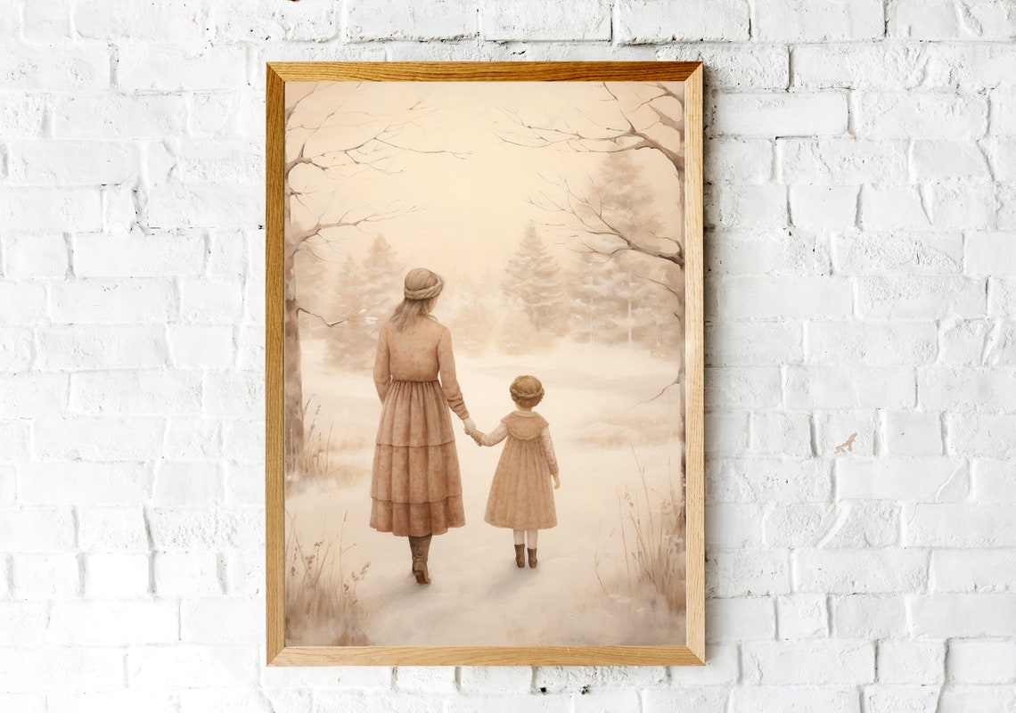 Mother Child Art Vintage Style Mother Daughter Painting Mother And Daughter Art Girl Bedroom Wall Art Moody Print Nursery Art - Image 2