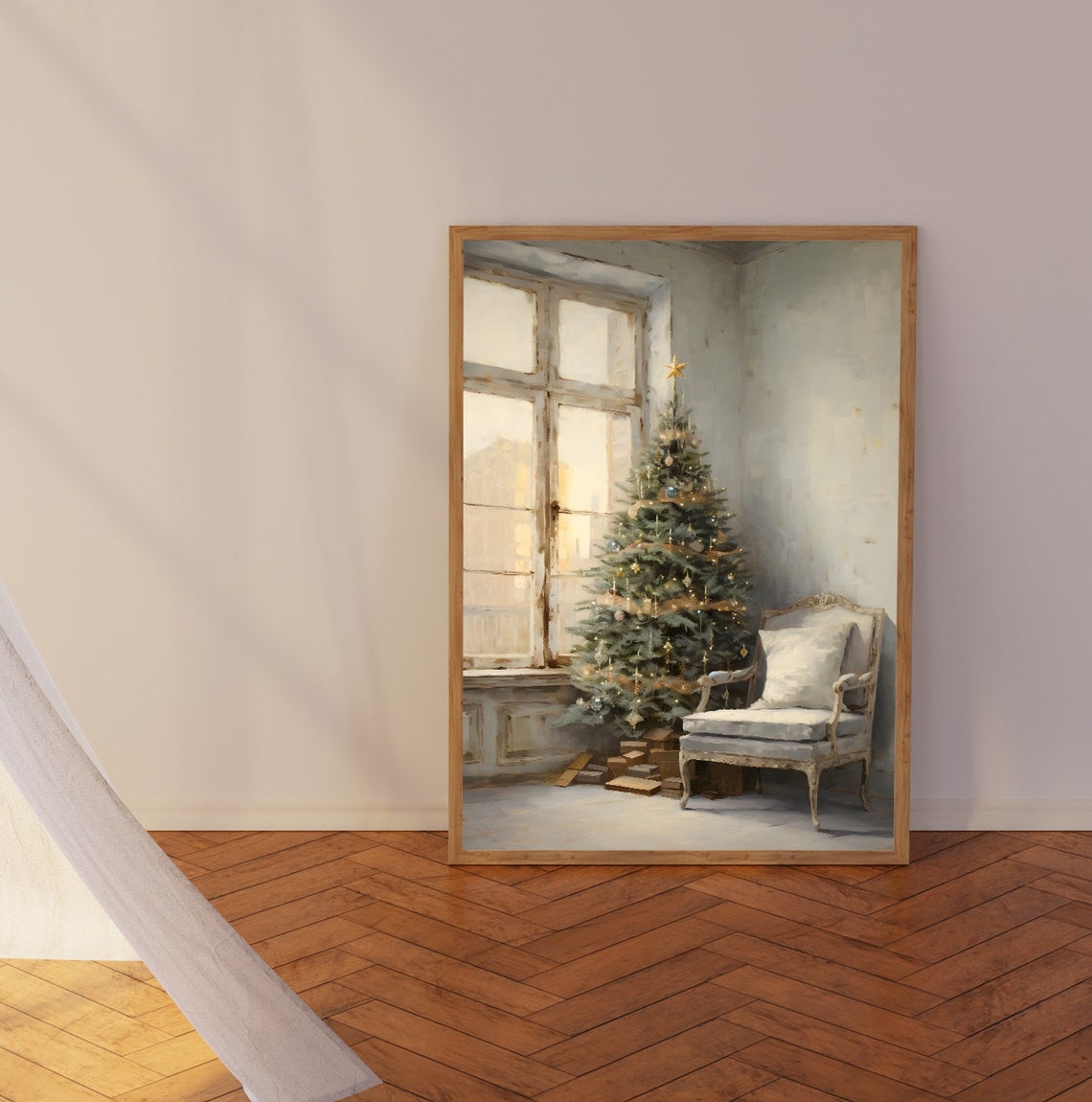 Christmas Tree by Window Beside French Armchair Neutral Art Poster - Image 6