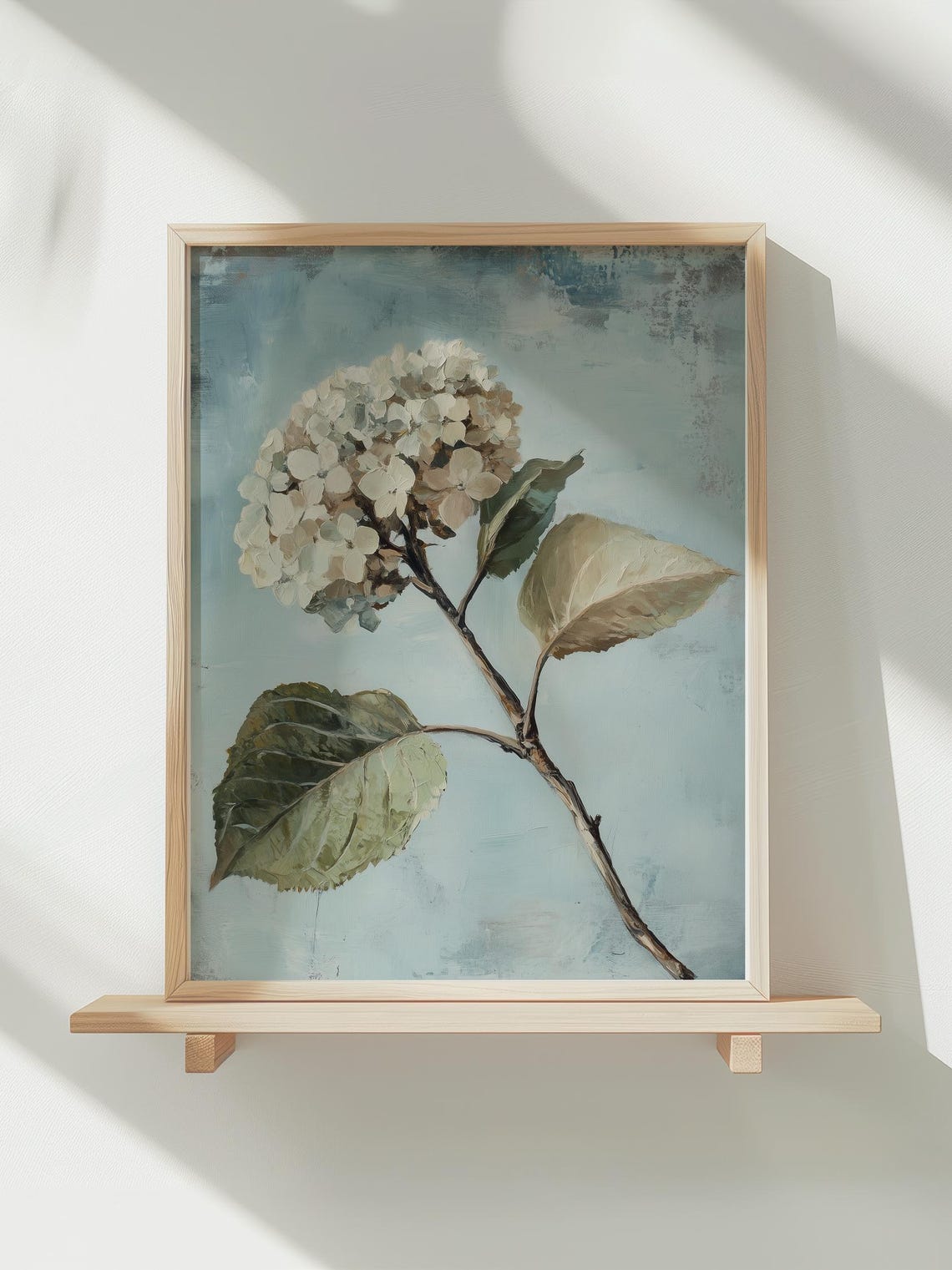 White Hydrangea Bloom Vintage Blue Gray Botanical Art Poster