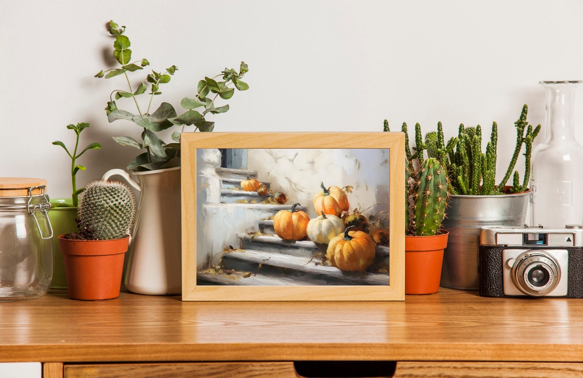 Golden Pumpkins on White Stairs Fall Harvest Painting Poster - Image 3