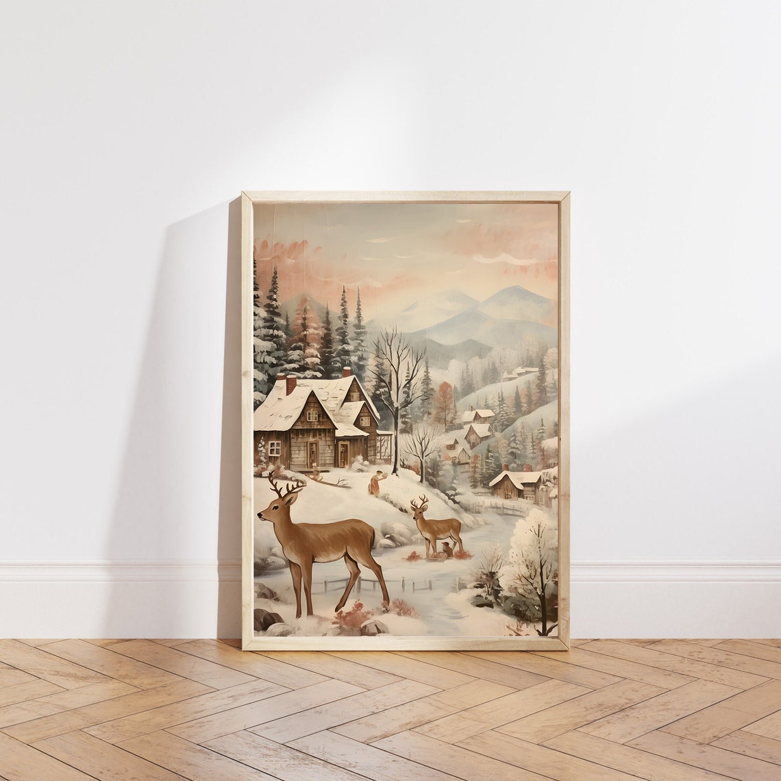Deer in Snowy Mountain Village with Cozy Cabins Winter Poster - Image 5