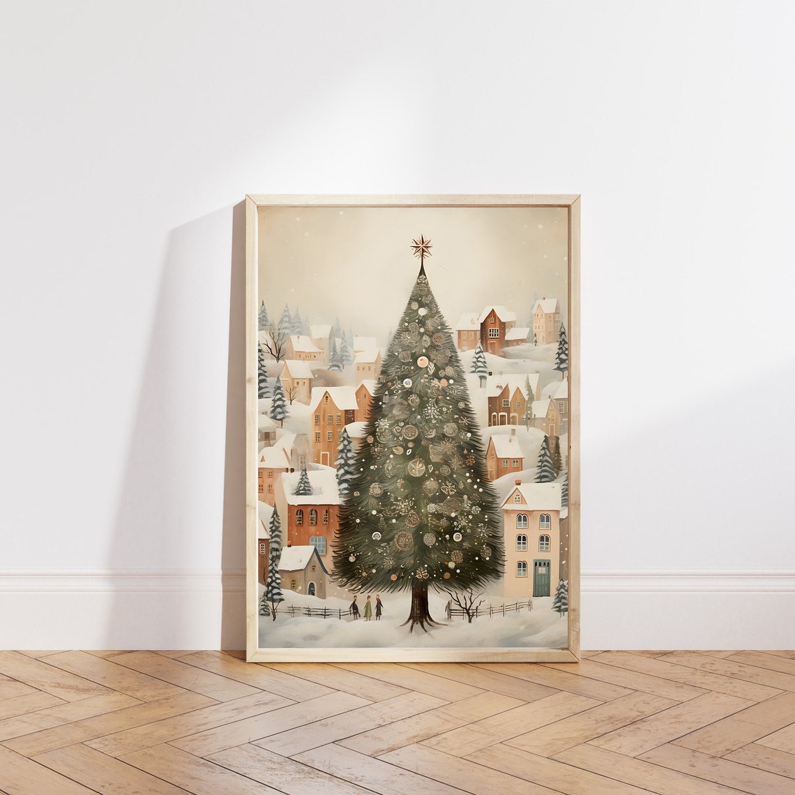Big Decorated Christmas Tree with Gold Star in Snowy Village Poster - Image 3
