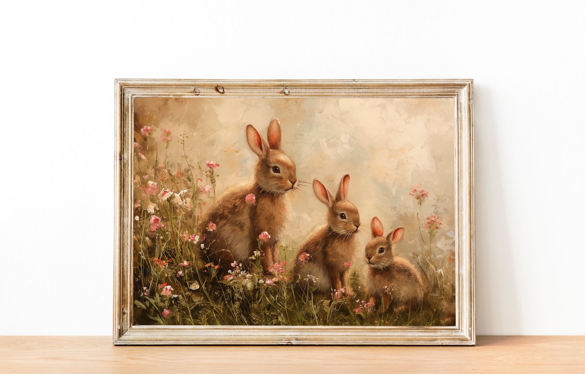 Cute Spring Bunny Rabbits Easter Wall Art Bunny Print Vintage Spring Print Farmhouse Decor Easter Bunny Art Print - Image 2