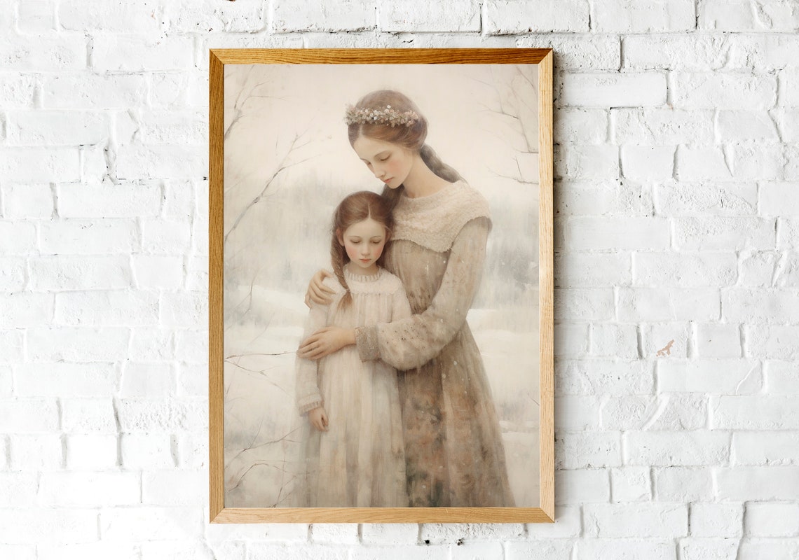 Mother Daughter Painting Mother And Daughter Art Motherhood Painting Girl Bedroom Wall Art Nursery Neutral Art Moody Print - Image 2