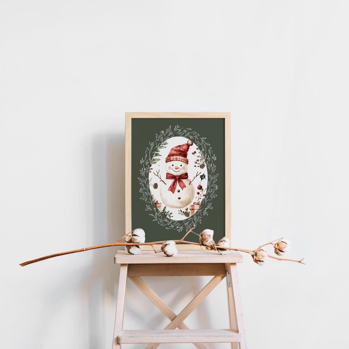 Cute Watercolor Snowman in Red Hat Inside Botanical Oval Frame Poster - Image 6
