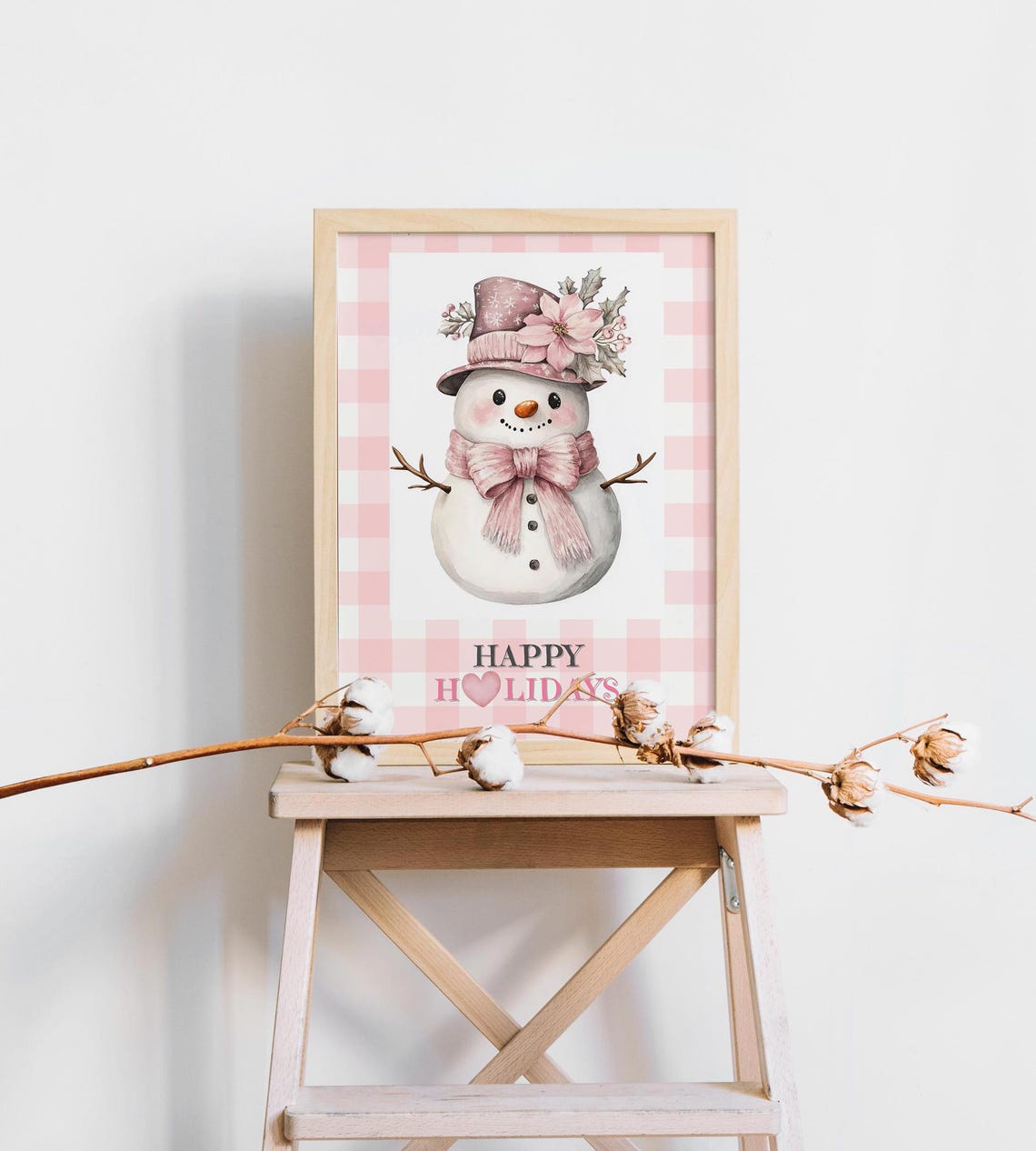 Cute Snowman with Pink Poinsettia Hat and Happy Holidays Text Poster - Image 3