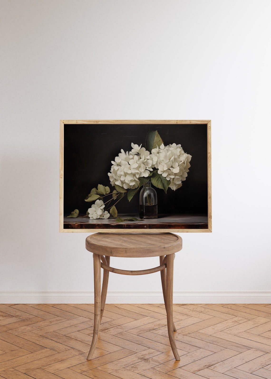 White Hydrangeas in Glass Bottle Dark Background Botanical Poster - Image 5