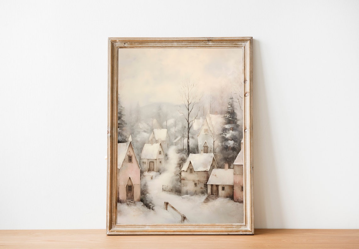 Pastel Snowy Village Cottages Vintage Winter Landscape Poster - Image 2